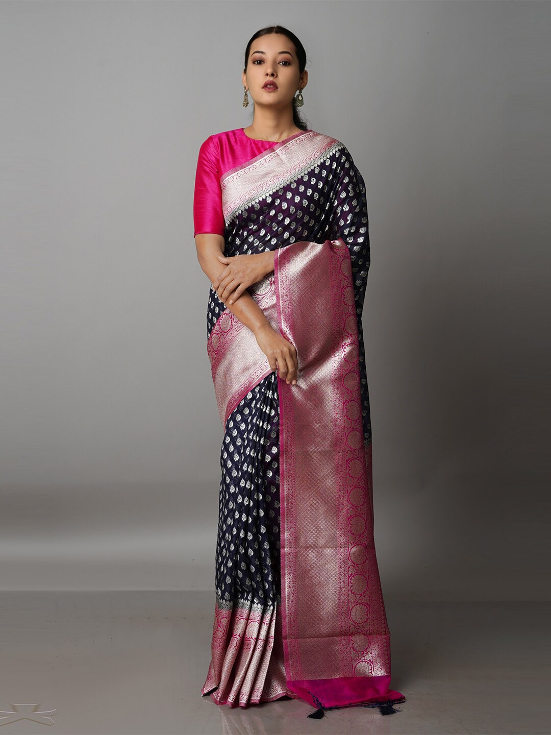Unnati Silks Black & Pink Woven Design Zari Silk Cotton Kanjeevaram Saree Price in India