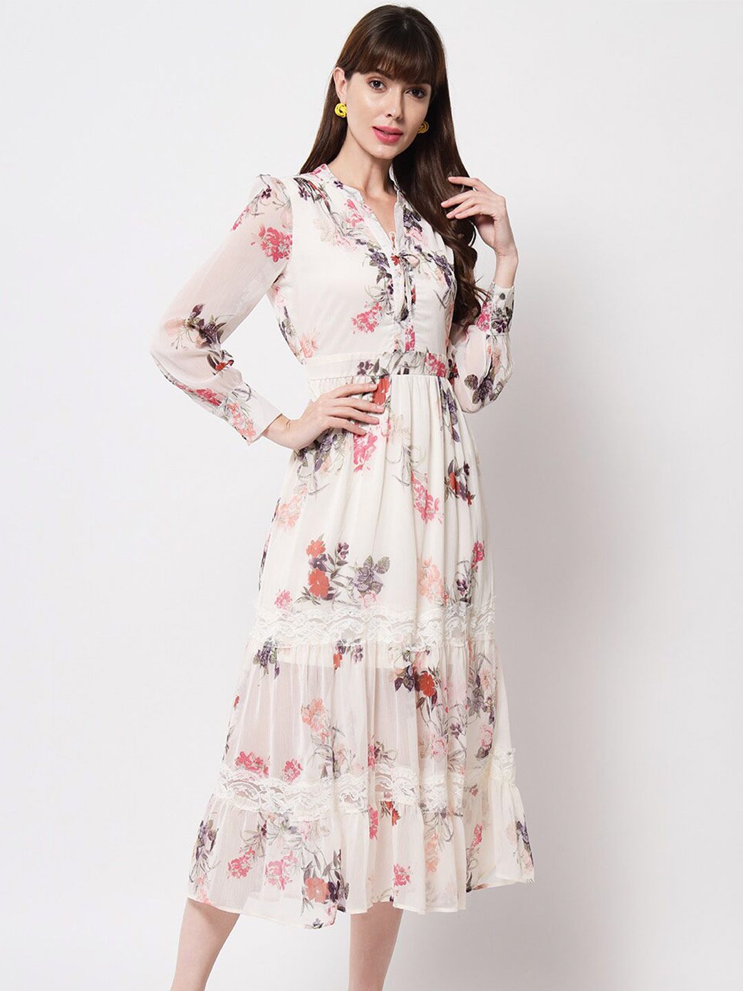 HERE&NOW Off White Floral Tie-Up Neck Chiffon A-Line Midi Dress Price in India