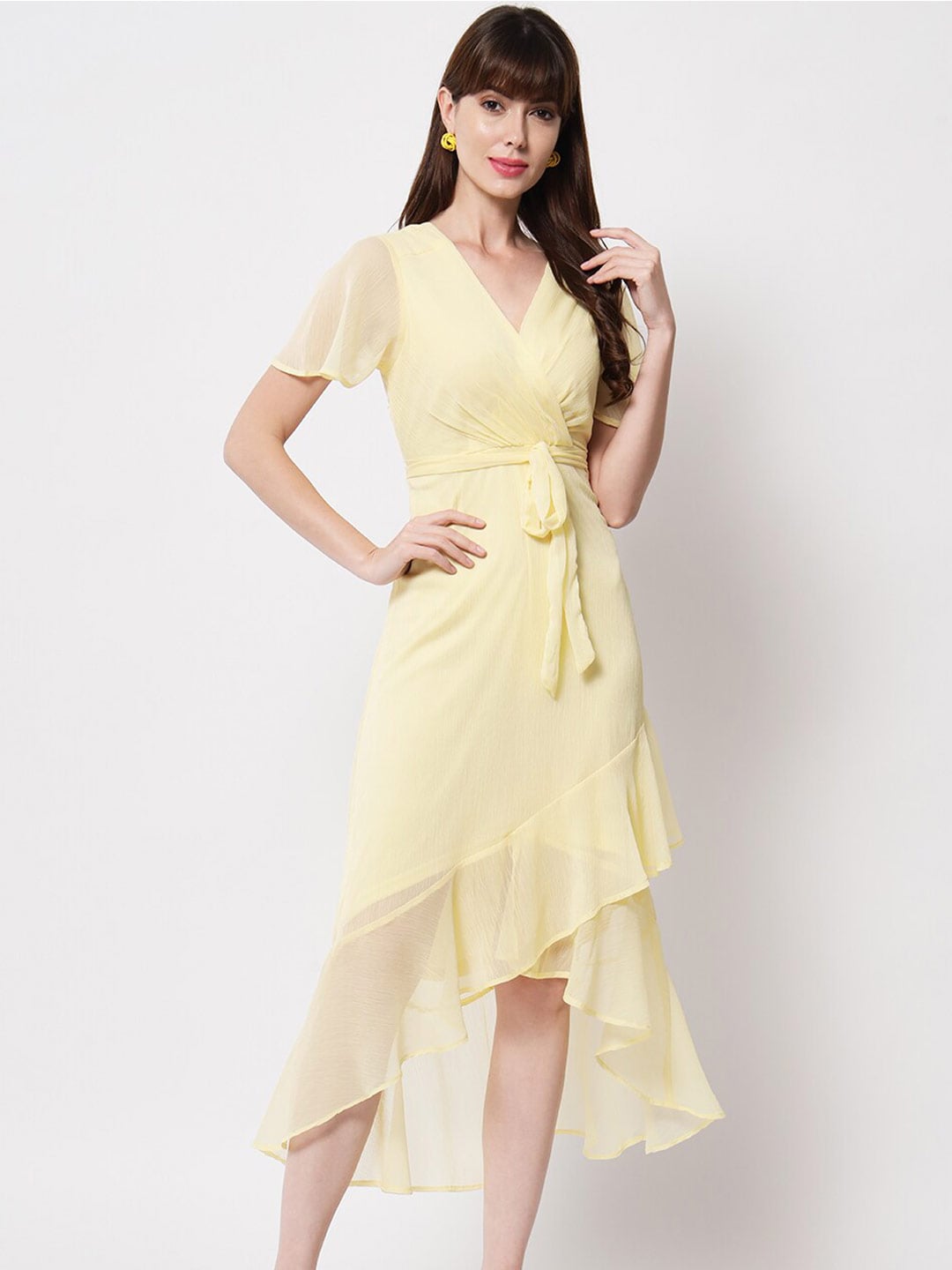 HERE&NOW Yellow Chiffon Midi Dress Price in India