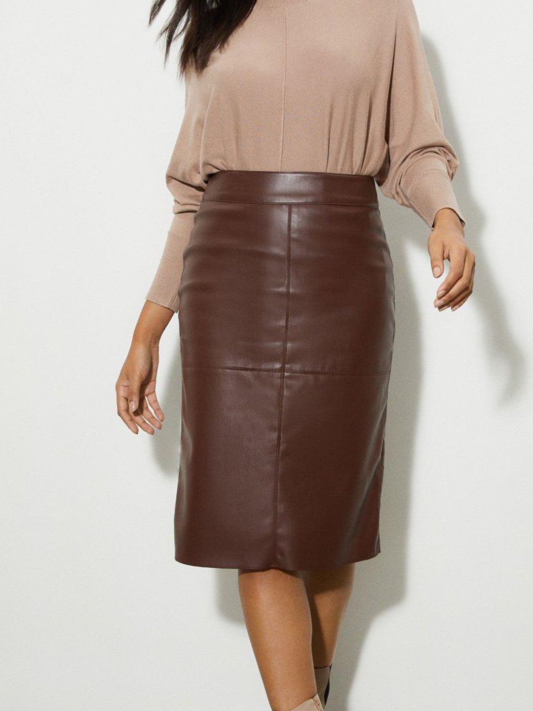 DOROTHY PERKINS Women Brown Solid Faux Leather Seam Detail Midi Skirt Price in India