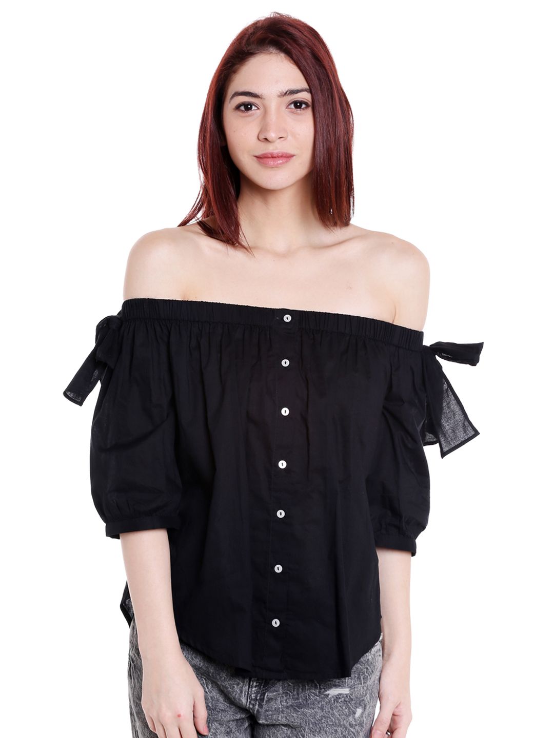 Style Quotient Women Black Solid Bardot Pure Cotton Top Price in India
