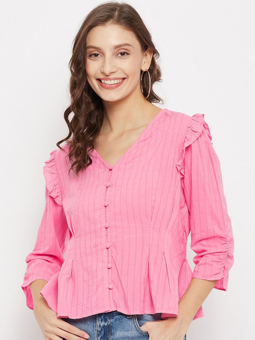 Madame Pink Striped Smocked Top Price in India