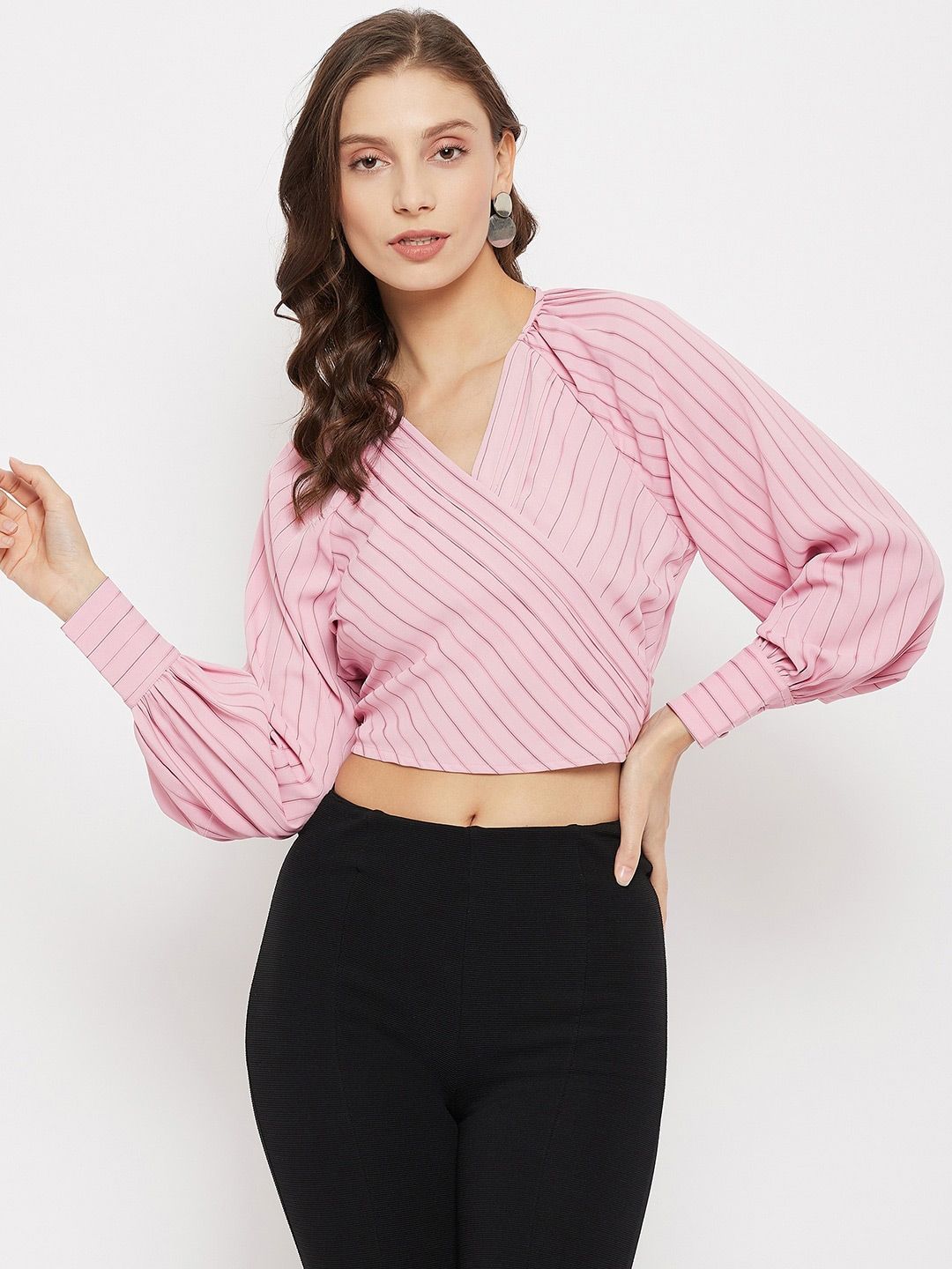 Madame Pink Striped Wrap Crop Top Price in India