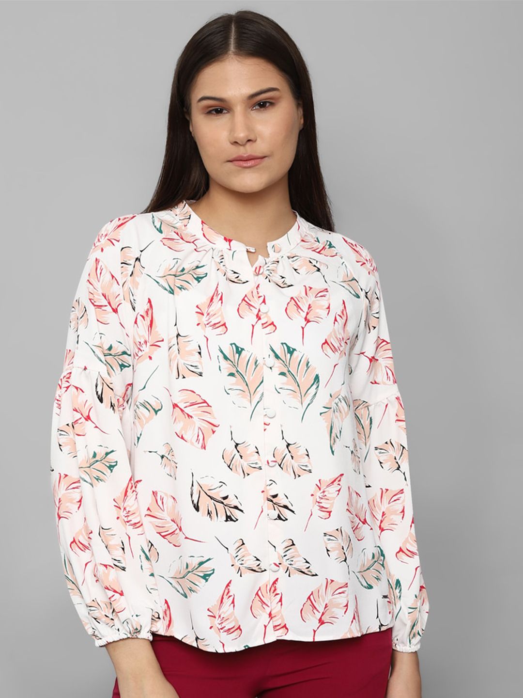 Allen Solly Woman White Floral Printed Mandarin Collar Top Price in India