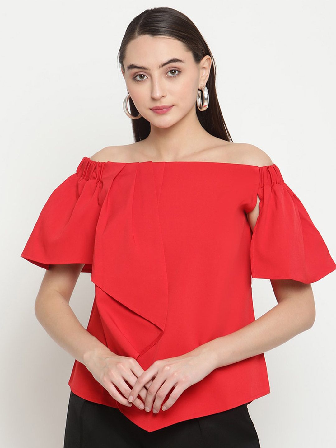 Be Indi Red Off-Shoulder Crepe Bardot Top Price in India