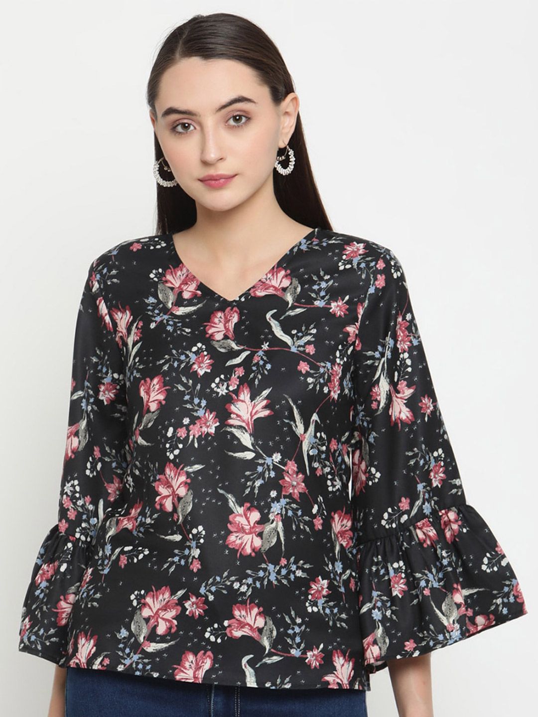 Be Indi Black & Off White Floral Print Crepe Top Price in India