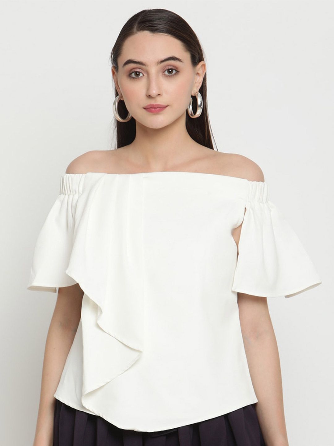 Be Indi White Off-Shoulder Crepe Bardot Top Price in India
