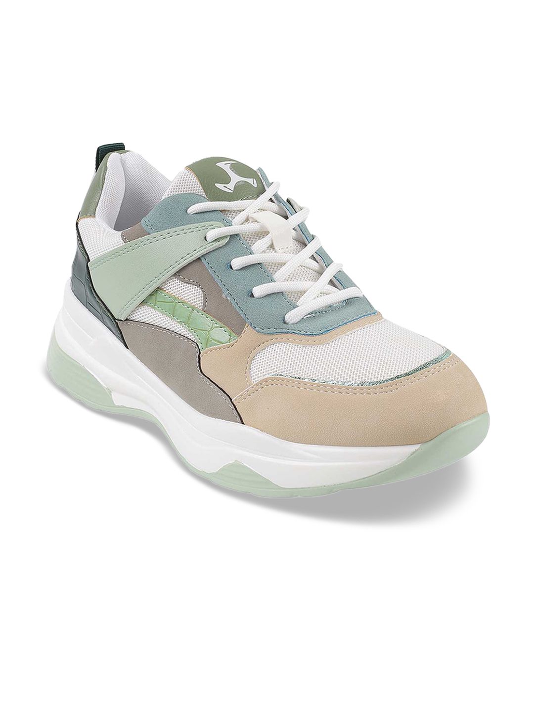 Mochi Women Green & Grey Colourblocked Sneakers Price in India