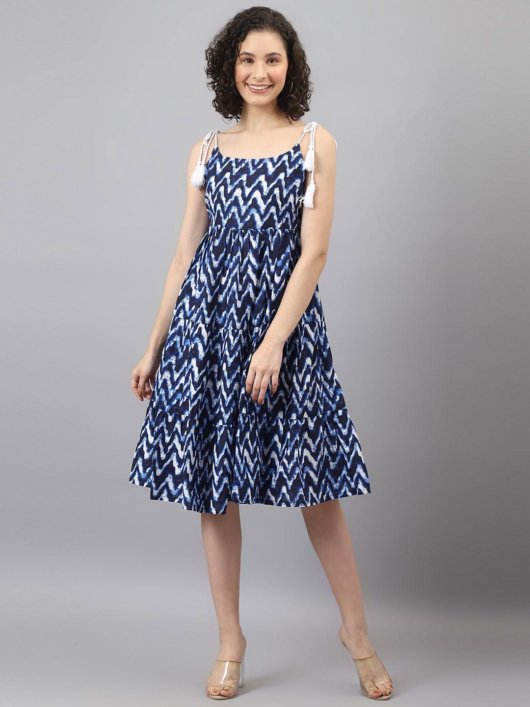 DEEBACO Navy Blue & White Chevron Printed Fit & Flare Cotton Dress Price in India