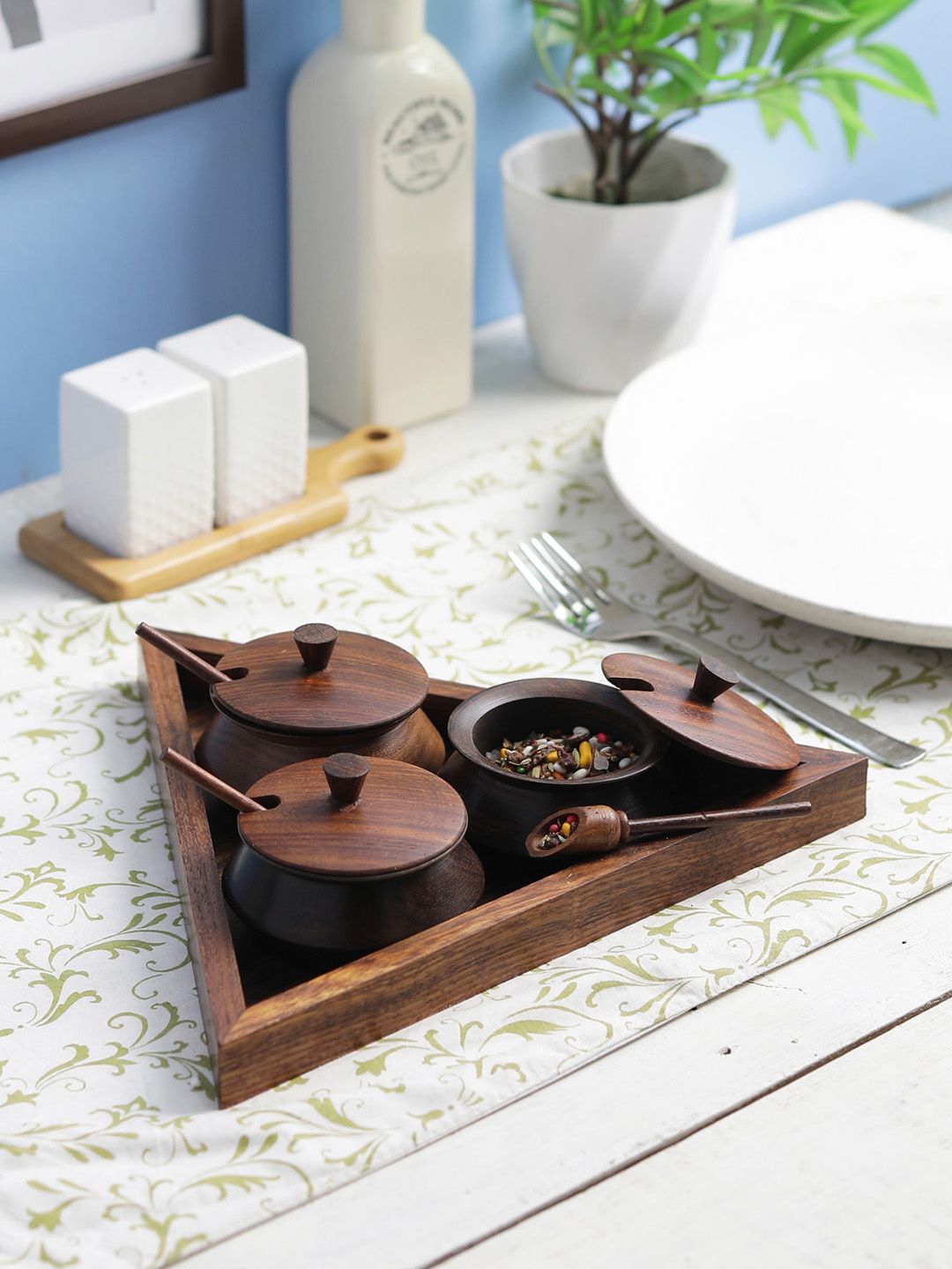 VarEesha Set Of 3 Brown Sheesham Wood Handis with Triangle Tray Price in India