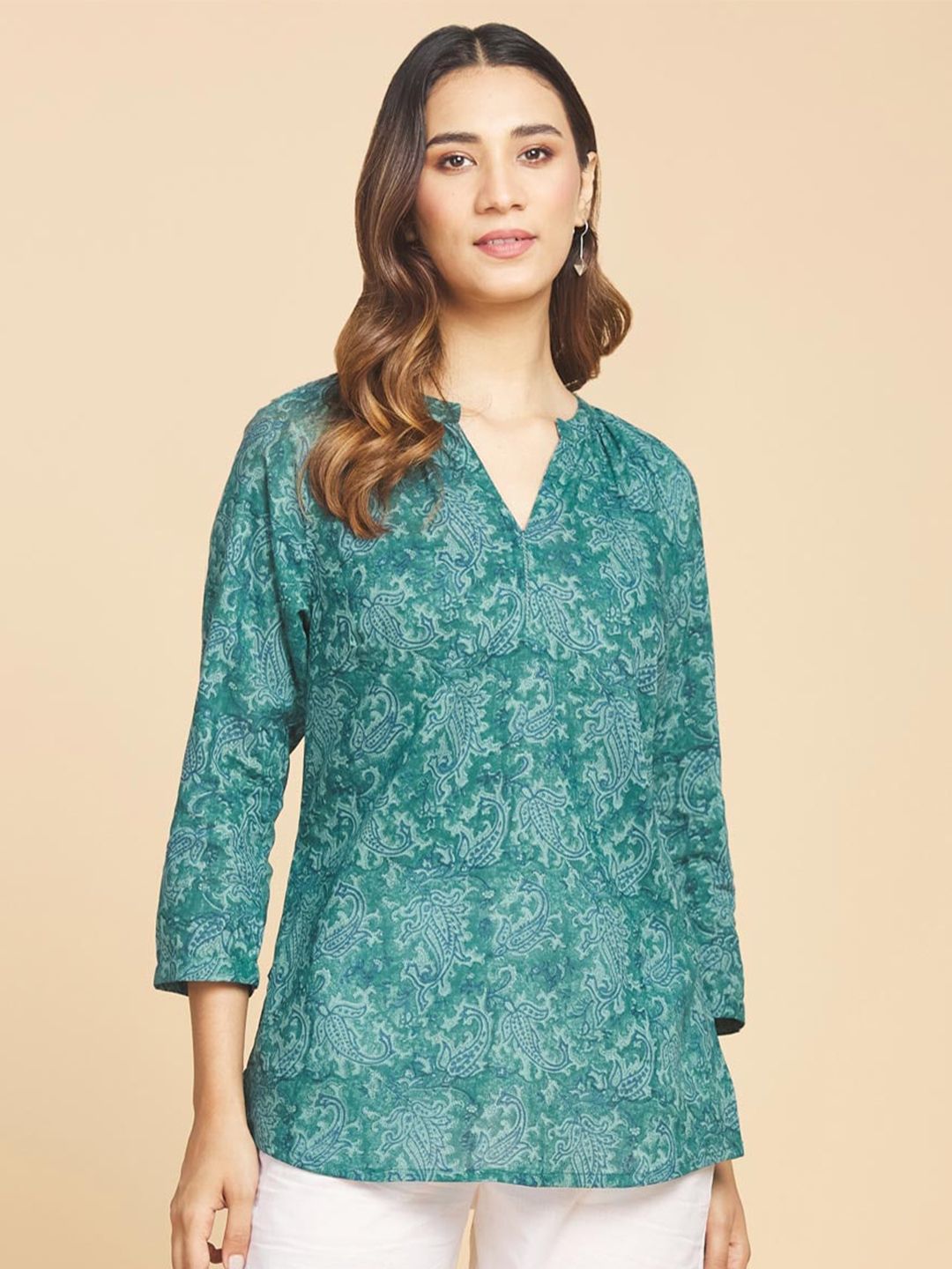 Fabindia Teal & Blue Floral Printed Pure Cotton Kurti Price in India