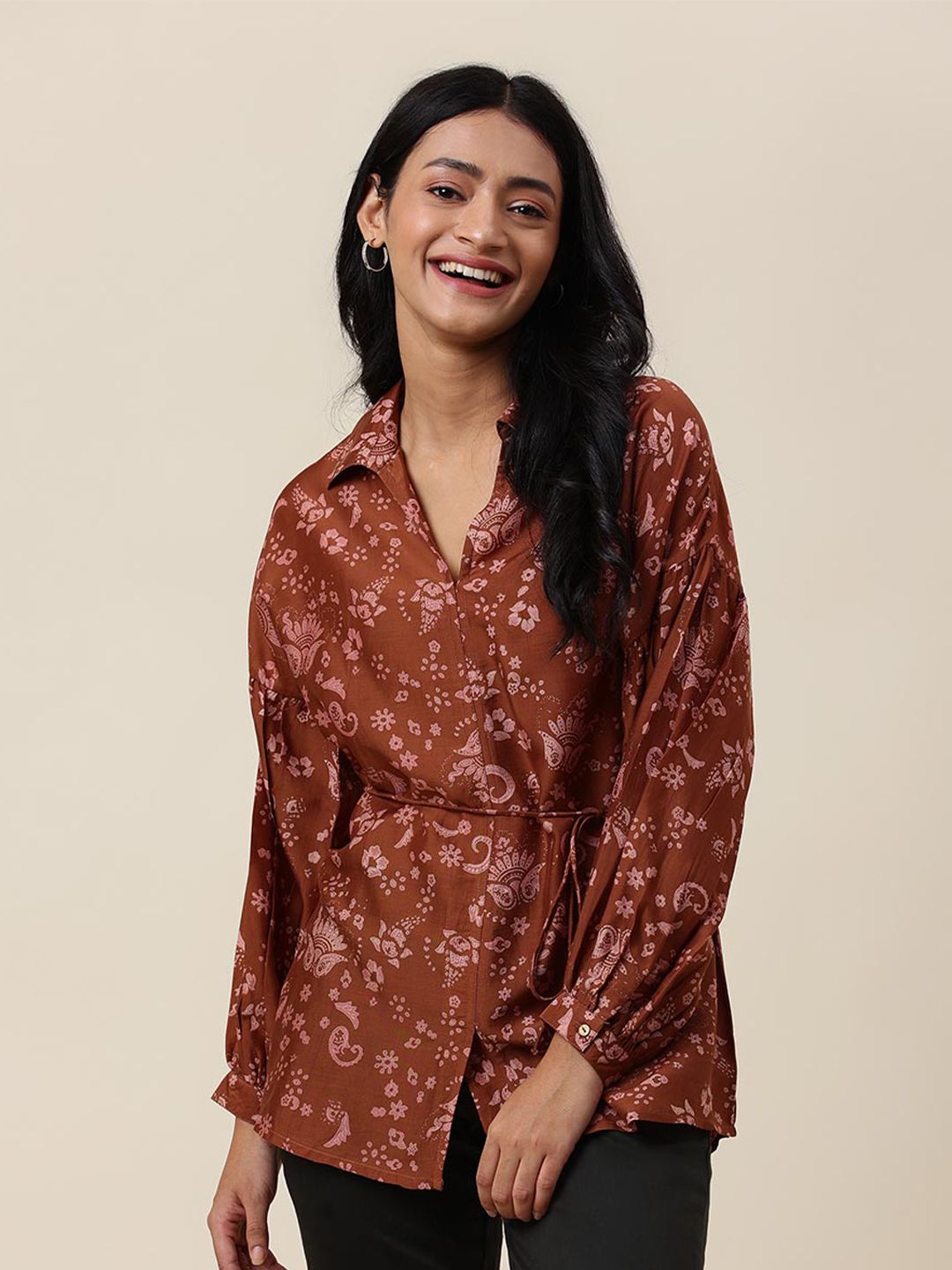Fabindia Brown Floral Print Shirt Style Top Price in India