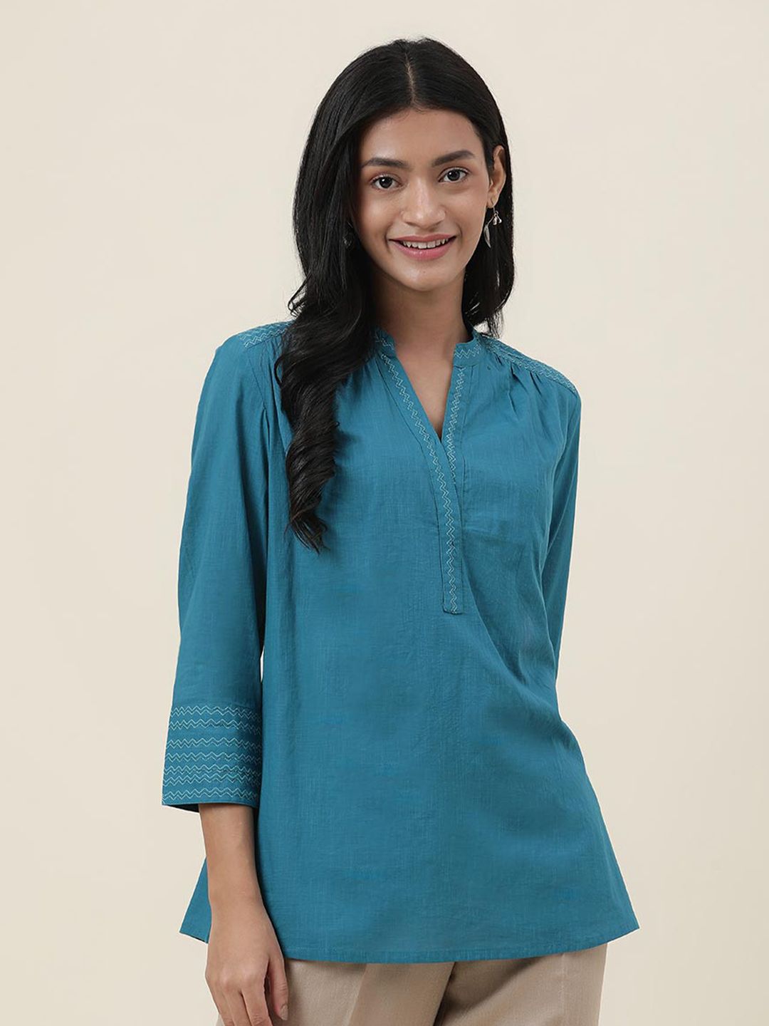 Fabindia Turquoise Blue Embroidered Pure Cotton Kurti Price in India