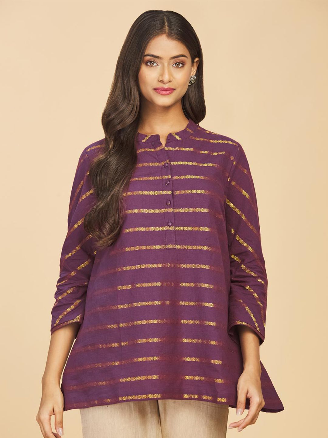 Fabindia Purple & Gold-Toned Woven Design Pure Cotton Kurti Price in India