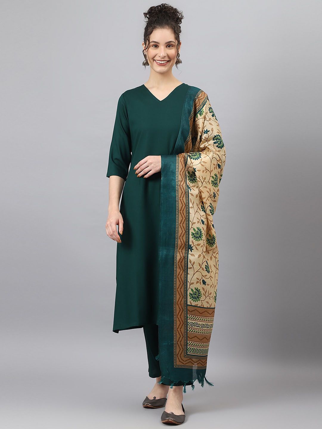 DEEBACO Women Green Kurta with Trousers & With Dupatta Price in India