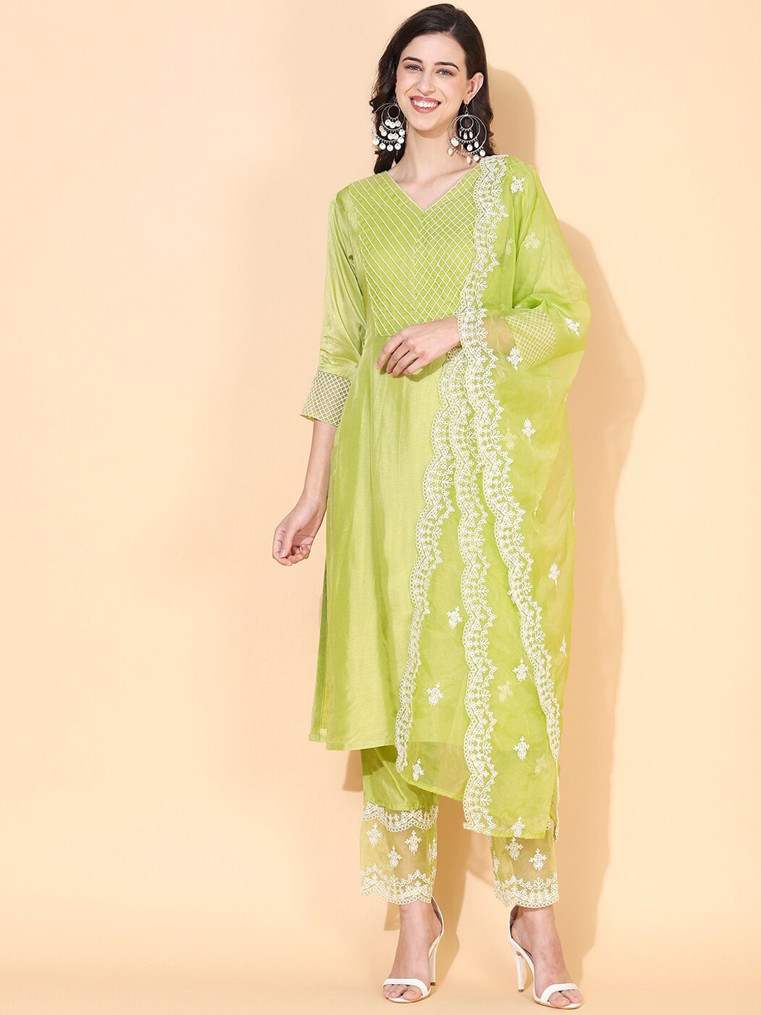 FASHOR Women Green Ethnic Motifs Embroidered Thread Work Kurta with Trousers & With Dupatta Price in India