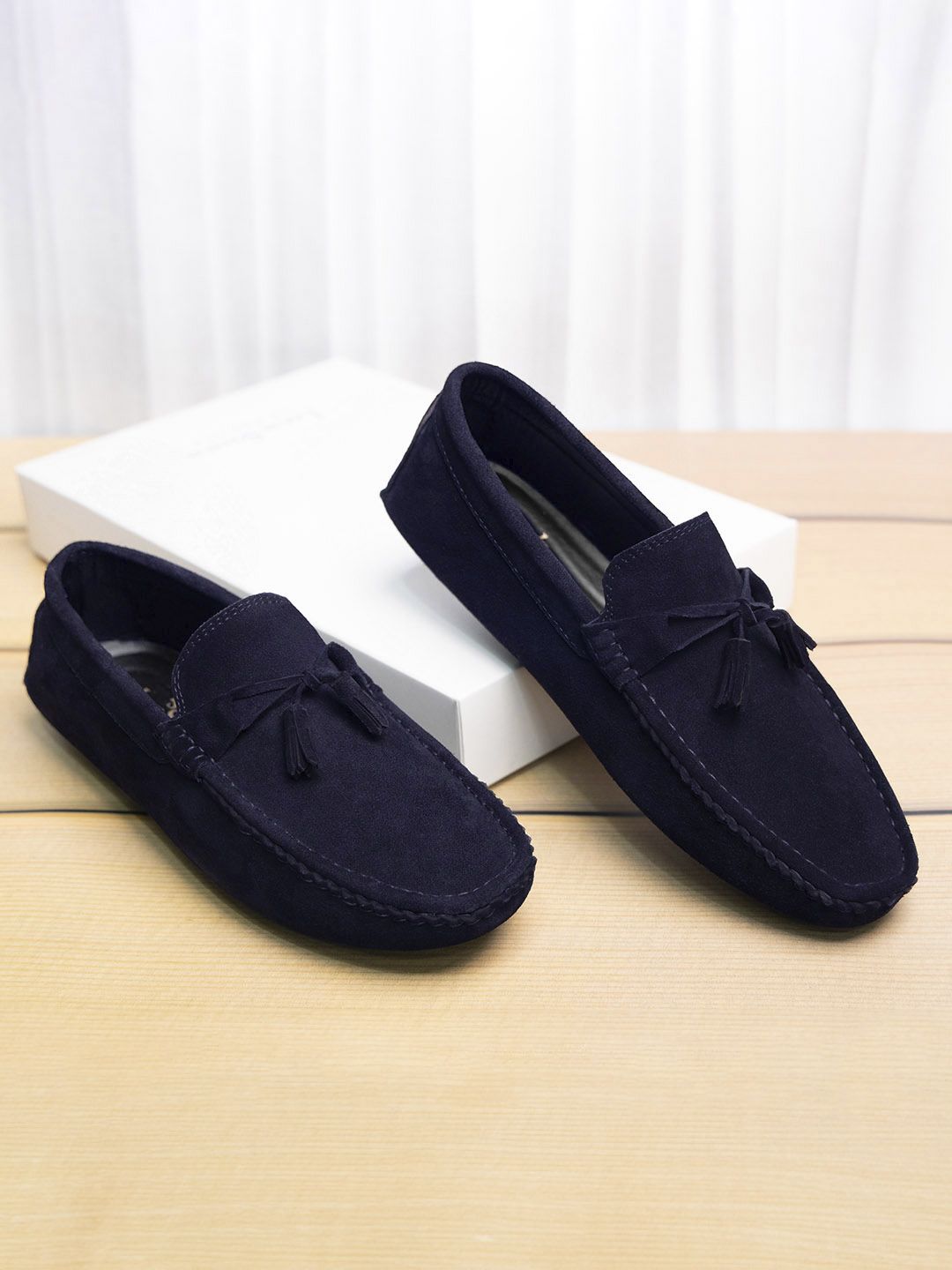 Louis Stitch Men Prussian Blue Italian Suede Leather Handmade Driving Tassel Loafers