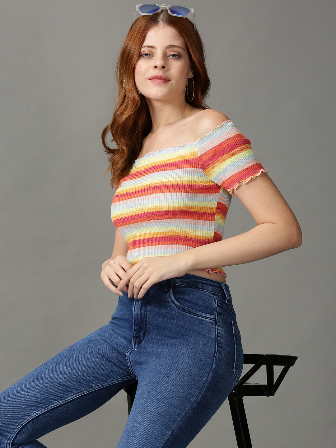 SHOWOFF Women White & Yellow Striped Off-Shoulder Top Price in India