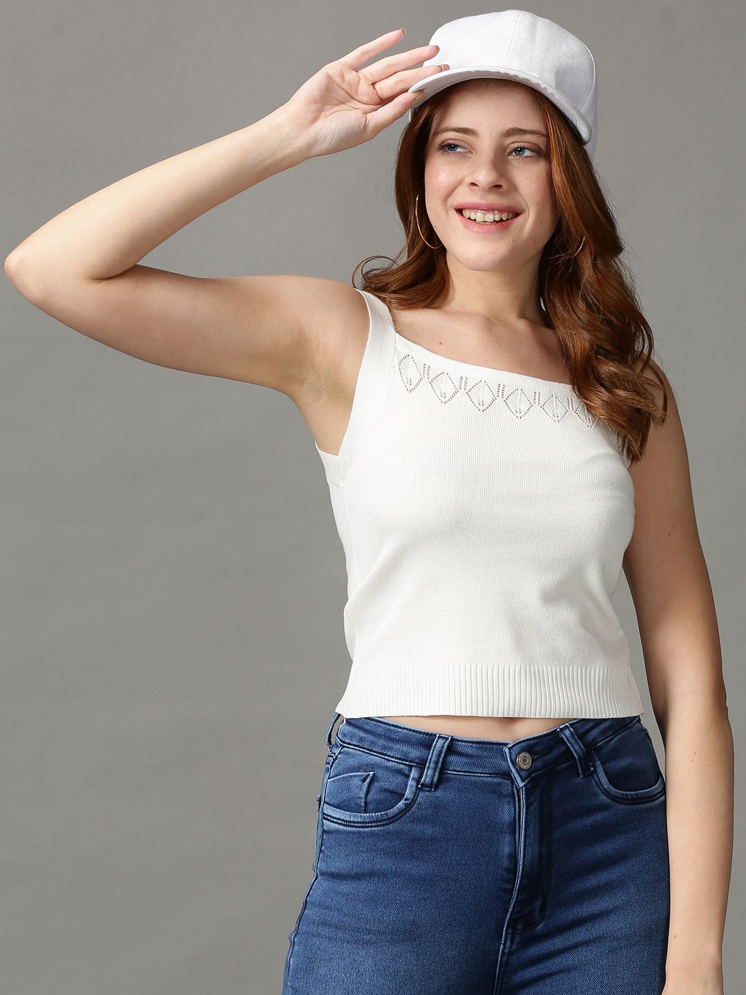 SHOWOFF White Square Neck Fitted Top Price in India