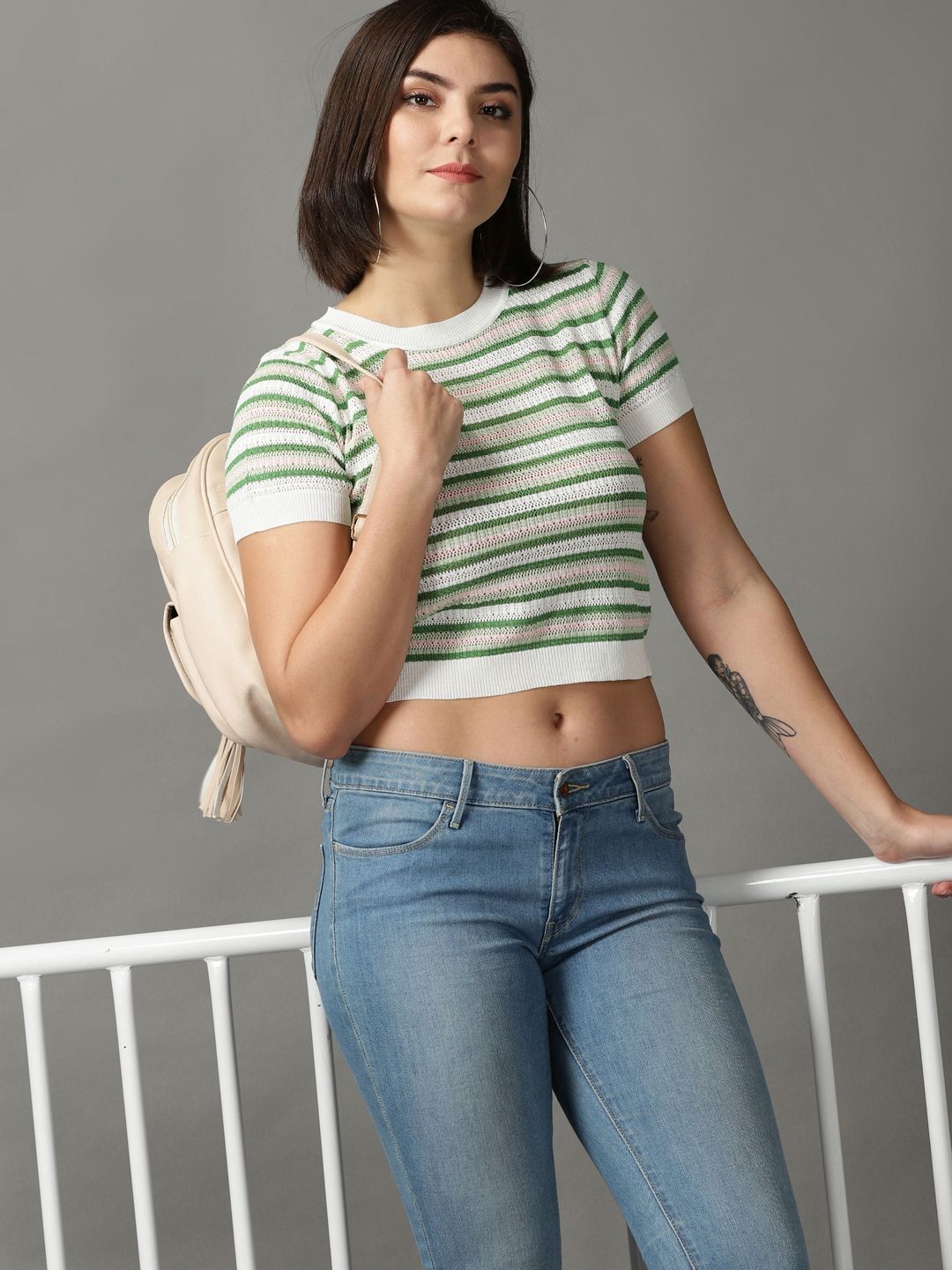 SHOWOFF Green & White Striped Lace Crop Top Price in India