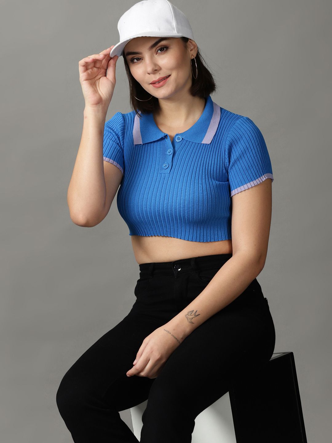 SHOWOFF Blue Shirt Collar Acrylic Crop Top Price in India