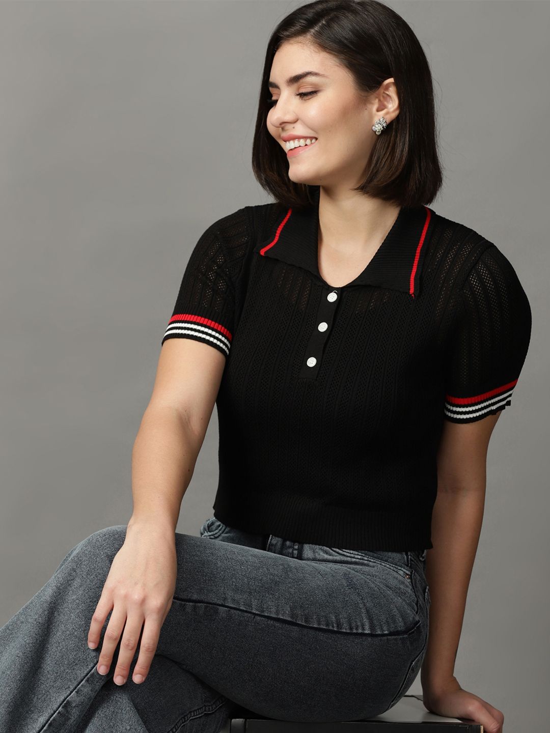 SHOWOFF Black Schiffli Shirt Collar Top Price in India