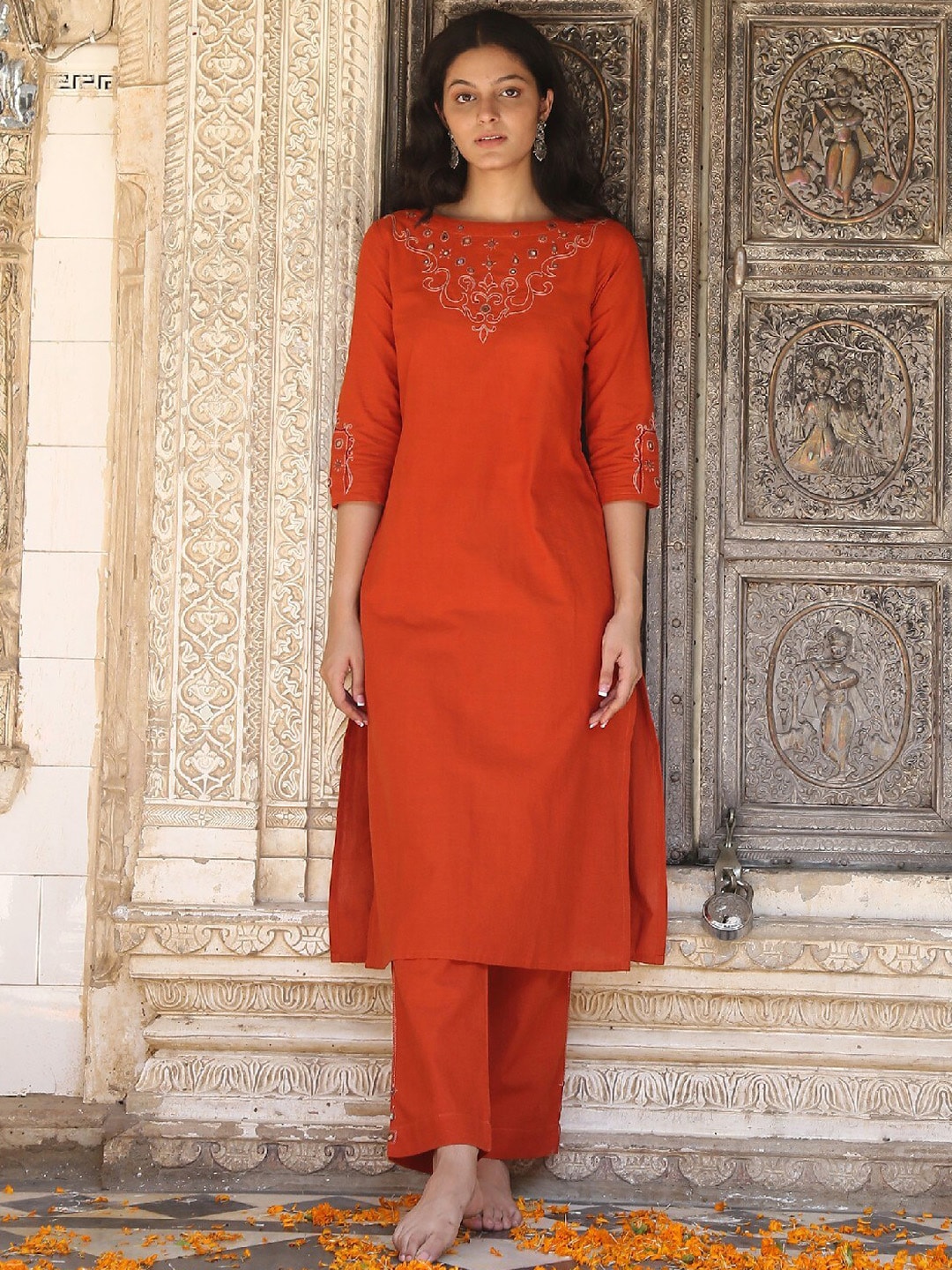 OKHAI Women Rust Ethnic Motifs Embroidered Pure Cotton Kurta With Trousers Price in India