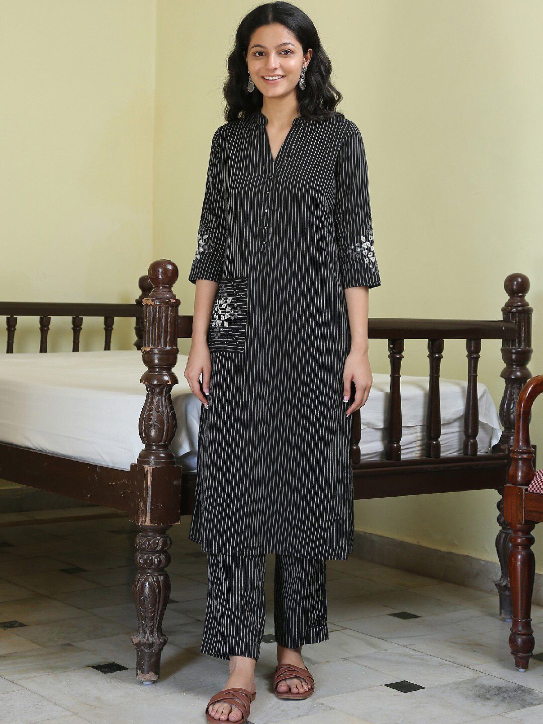 OKHAI Women Black Striped Thread Work Pure Cotton Kurta With Trousers Price in India