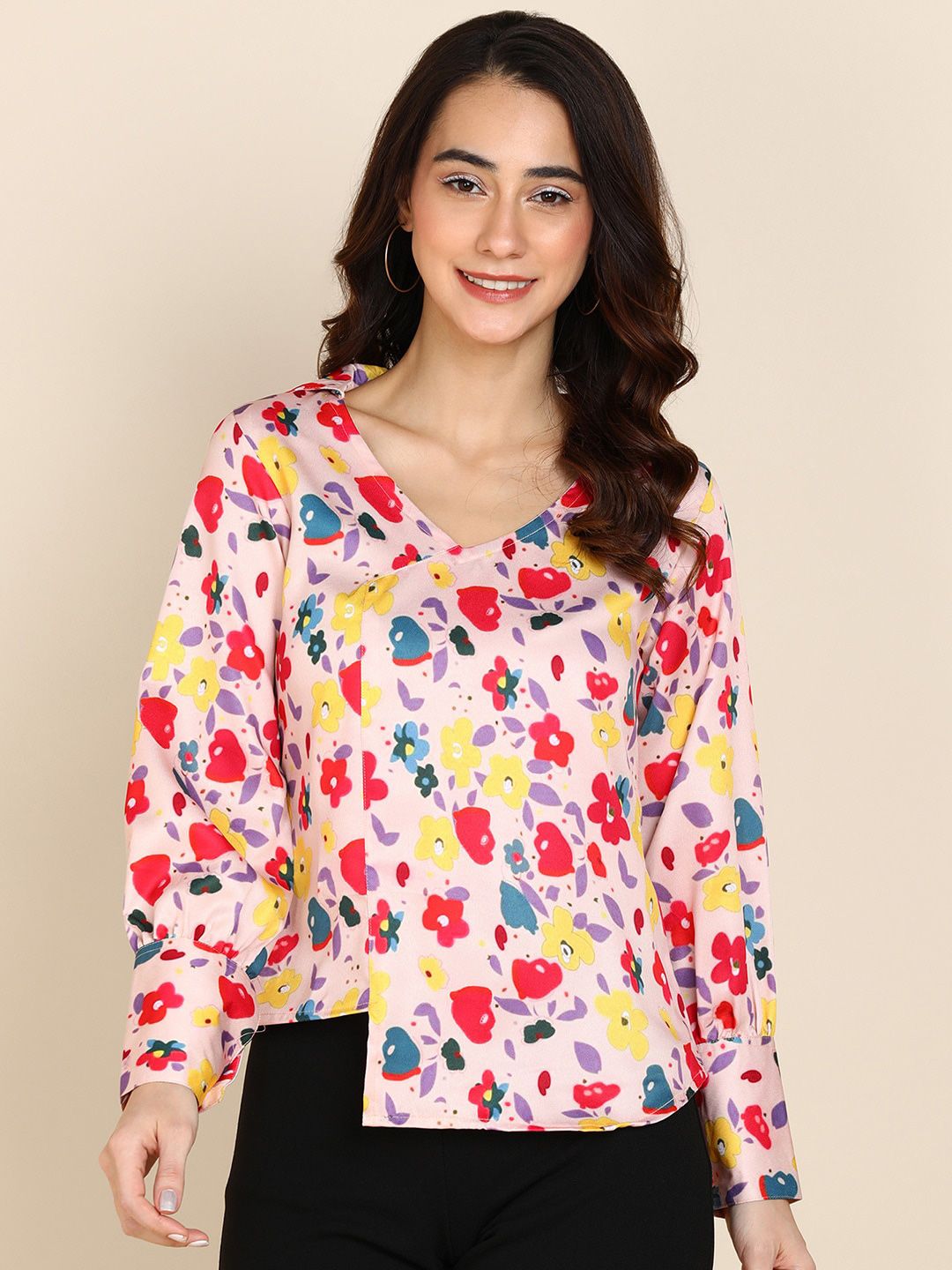 Sangria Red & Yellow Floral Printed Top Price in India
