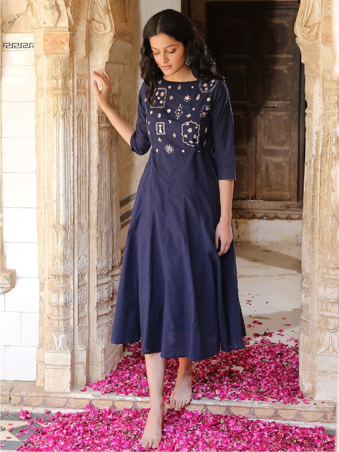 OKHAI Navy Blue Floral Ethnic Midi Dress Price in India