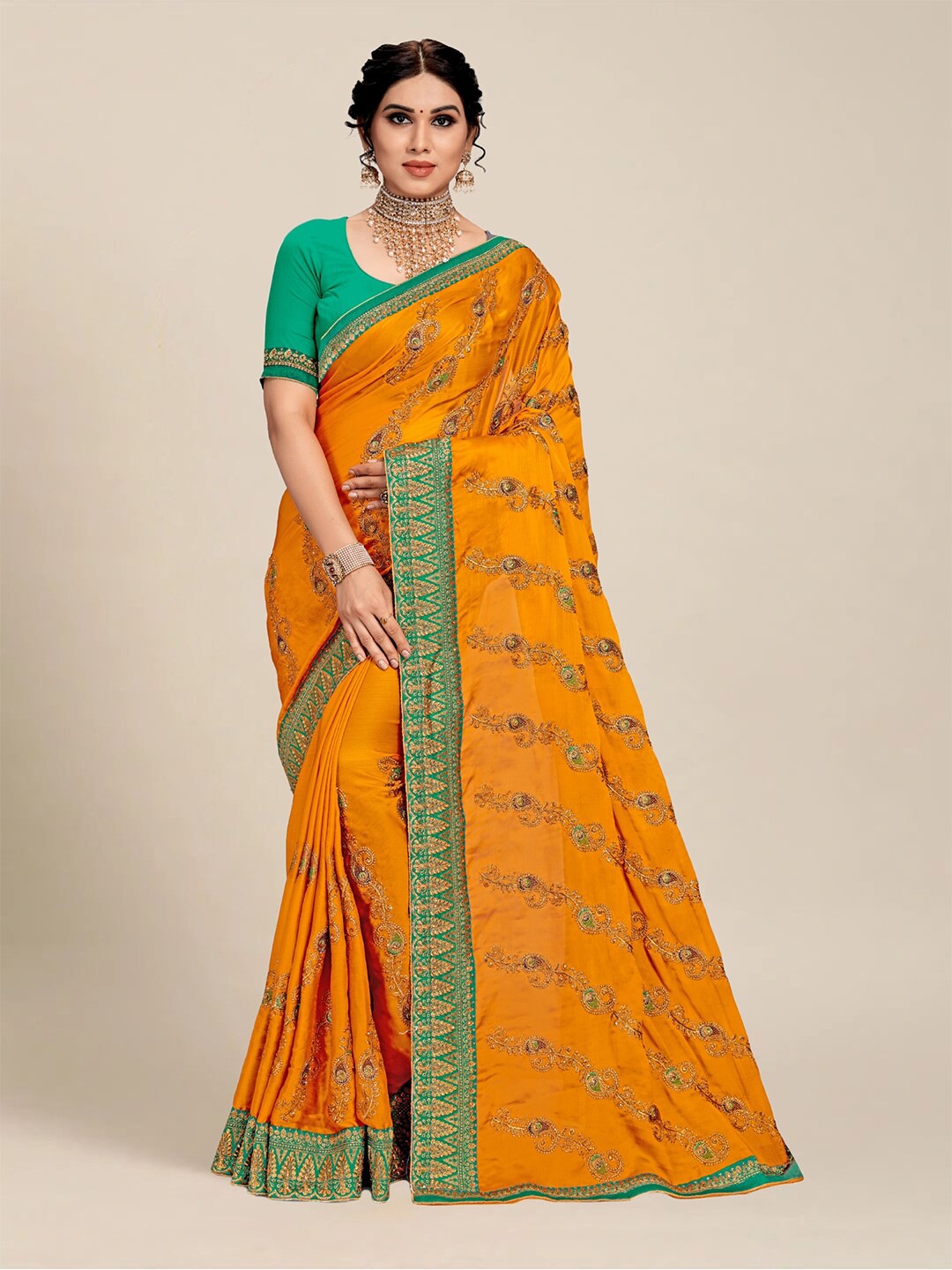 MS RETAIL Mustard & Green Paisley Embroidered Silk Blend Saree Price in India
