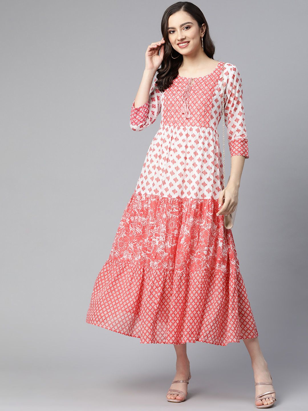 Readiprint Fashions White Ethnic Motifs Tie-Up Neck Maxi Dress Price in India