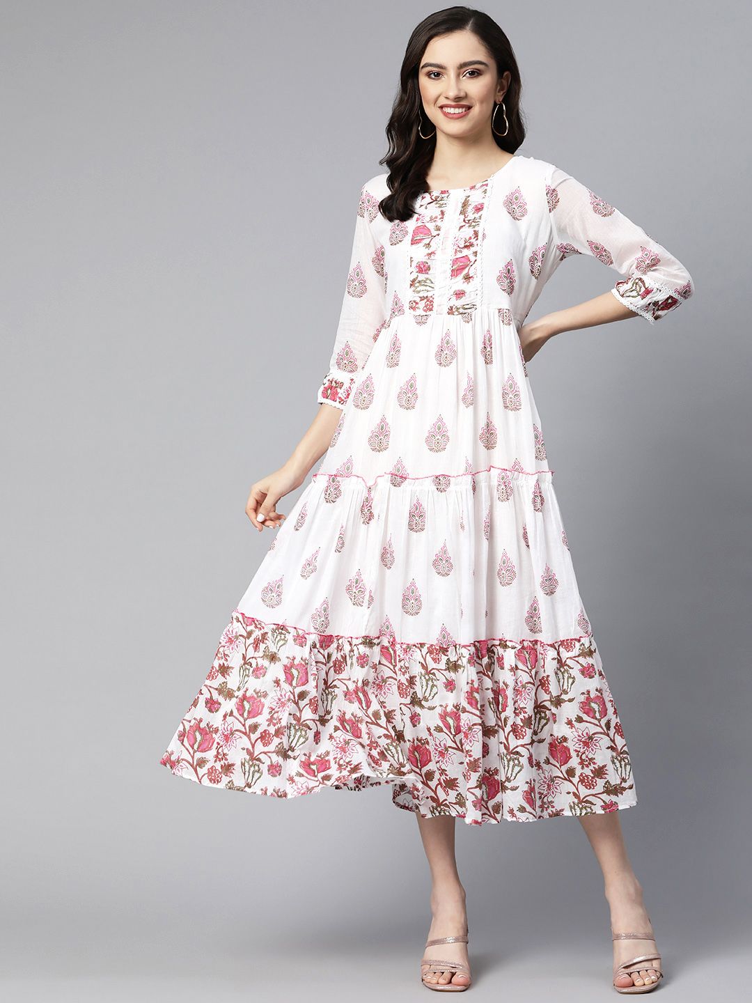 Readiprint Fashions White Ethnic Motifs Maxi Dress Price in India