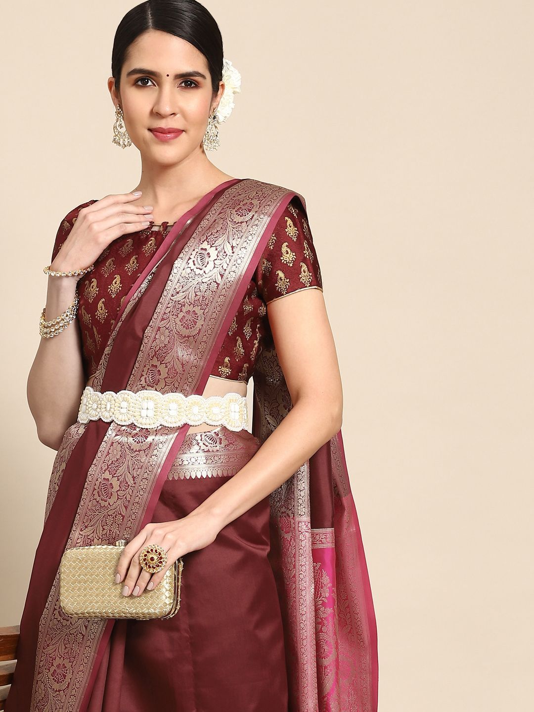 Chhabra 555 Maroon Zari Silk Blend Kanjeevaram Saree Price in India