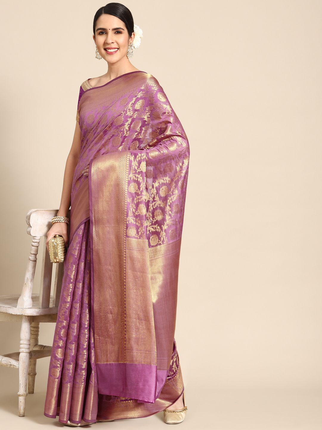 Chhabra 555 Violet Ethnic Motifs Zari Silk Blend Fusion Banarasi Saree Price in India