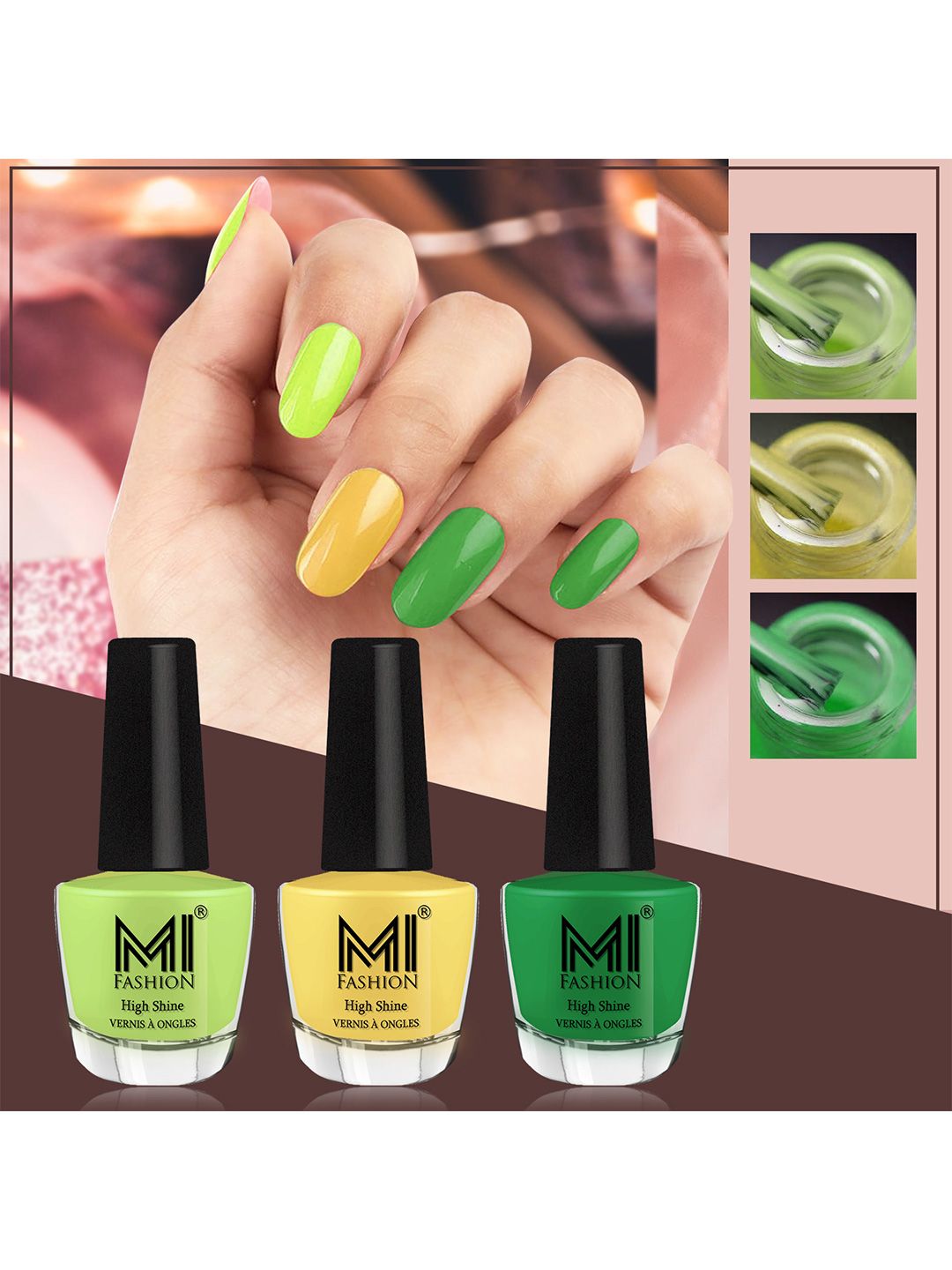 MI FASHION Vernis A Ongles Bang On Shine Pack Of 3 Nail Polish 12ml each - Parrot Green, Yellow, Grass Green