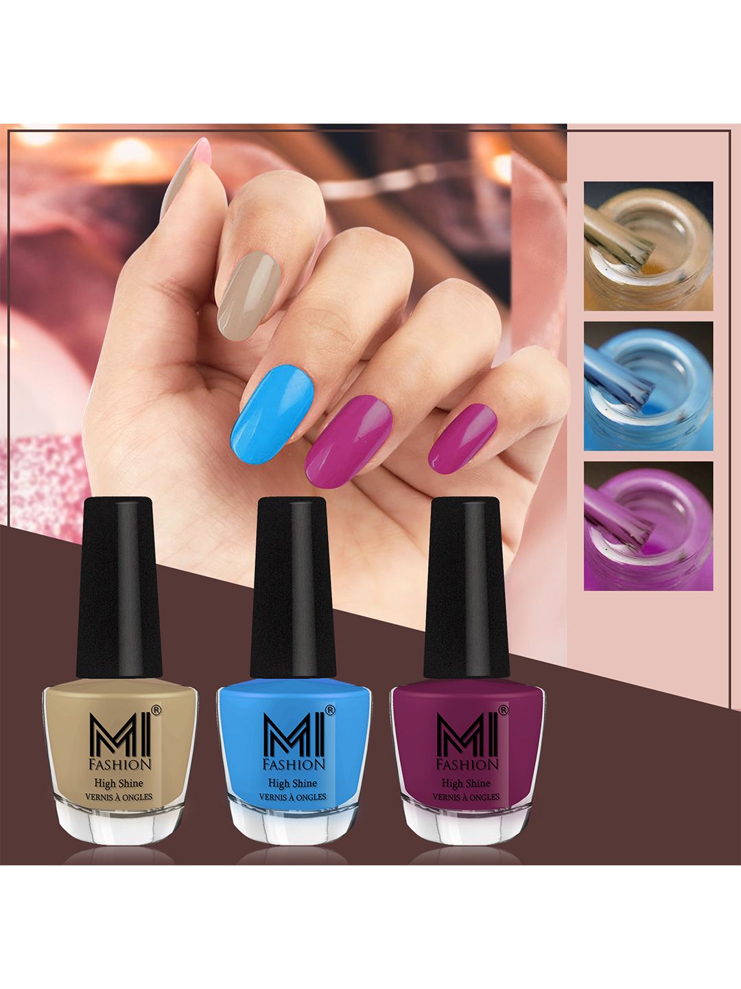 MI FASHION Vernis A Ongles Bang On Shine Pack Of 3 Nail Polish 12ml each - Nude, Ocean Blue, Dark Purple