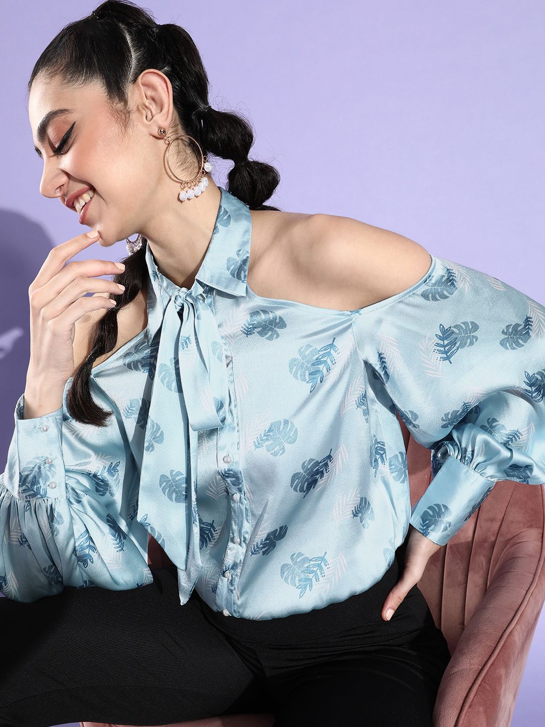 QUIERO Satin Floral Print Cold Shoulder Sleeves Blouson Top Price in India