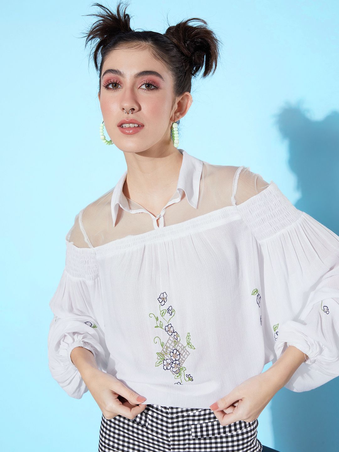 QUIERO Floral Print Bishop Sleeves Blouson Top Price in India