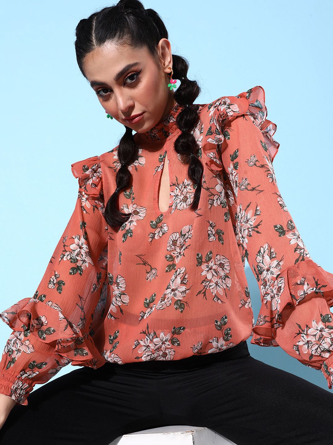 QUIERO Women Rust Brown Floral Print Ruffles Puff Sleeves Chiffon Top Price in India