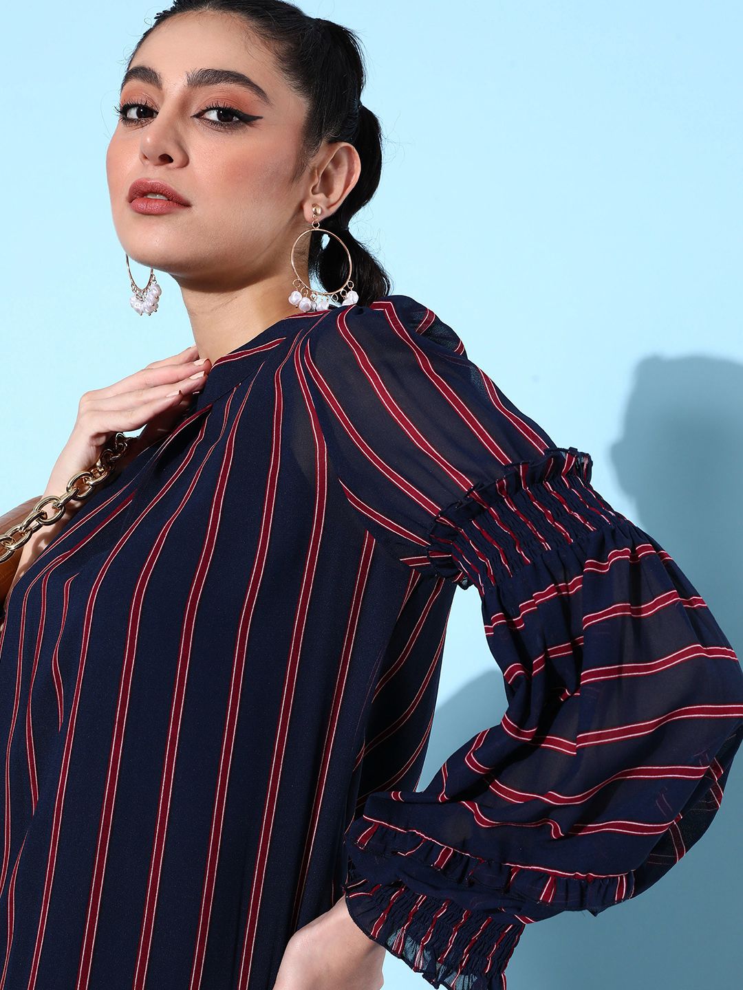 QUIERO Women Navy Blue & Pink Striped Puff Sleeves Georgette Top Price in India