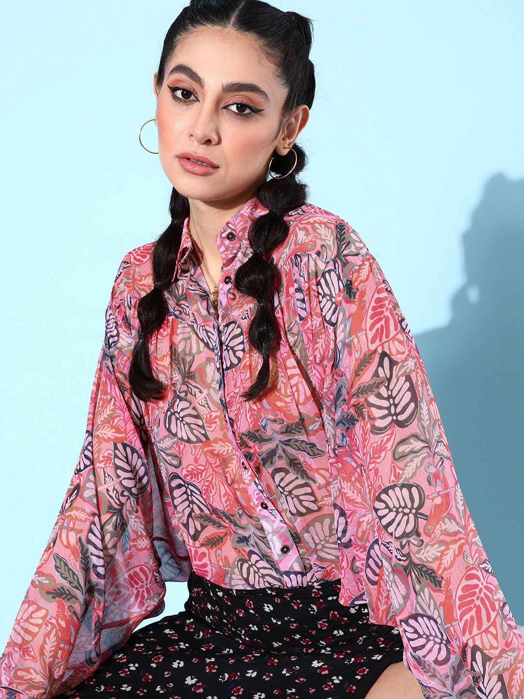 QUIERO Chiffon Floral Print Tropical Batwing Sleeves Blouson Top Price in India