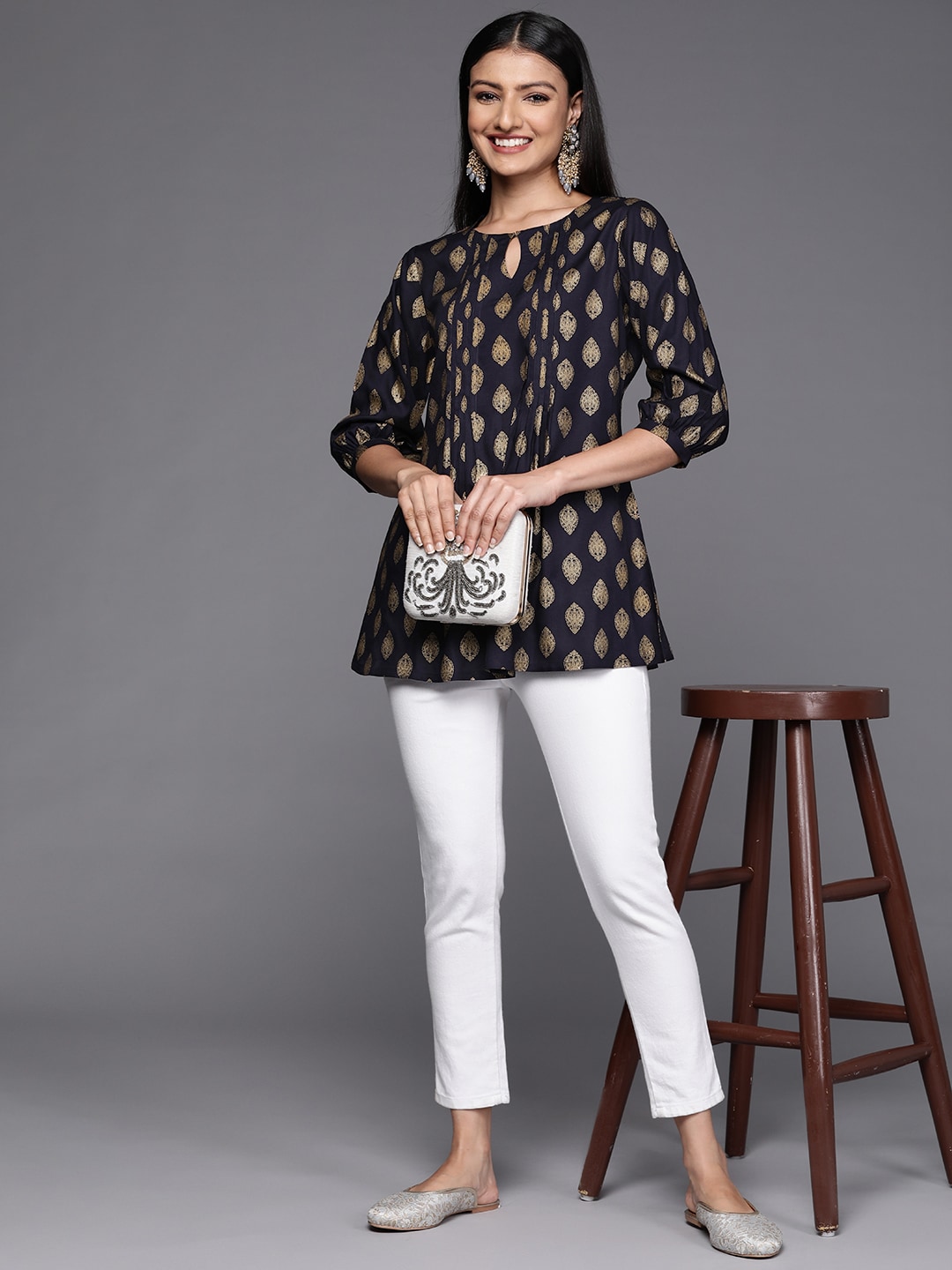 Libas Navy Blue & Golden Ethnic Motifs Printed Pleated Kurti Price in India