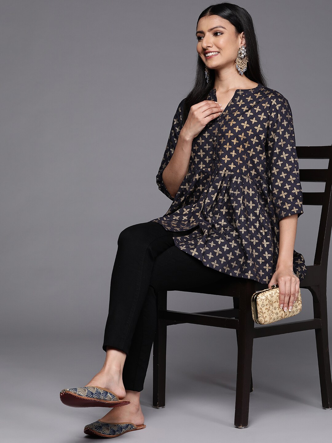 Libas Navy Blue & Golden Floral Printed Pleated Kurti Price in India