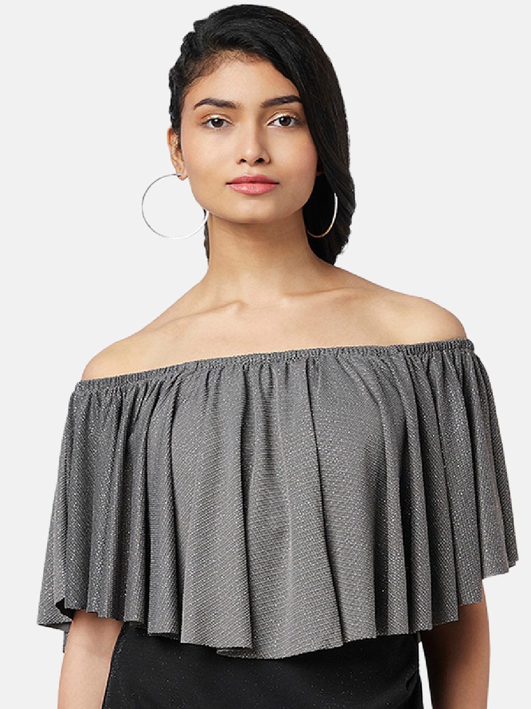 People Silver-Toned Off-Shoulder Bardot Crop Top Price in India