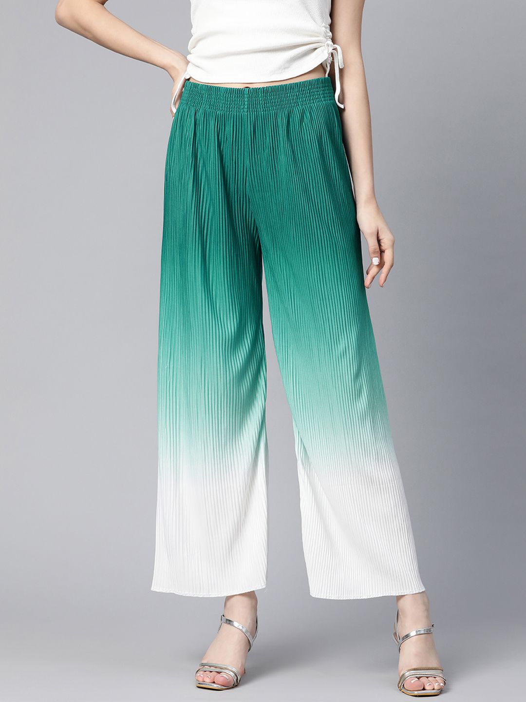 Readiprint Fashions Women Teal Green & White Ombre Print Flared Pleated Trousers Price in India