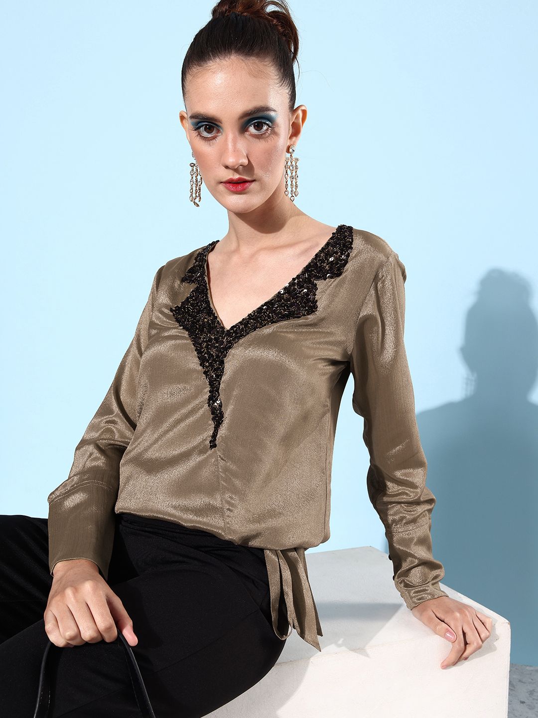 QUIERO Beige Embellished Chiffon Blouson Top Price in India