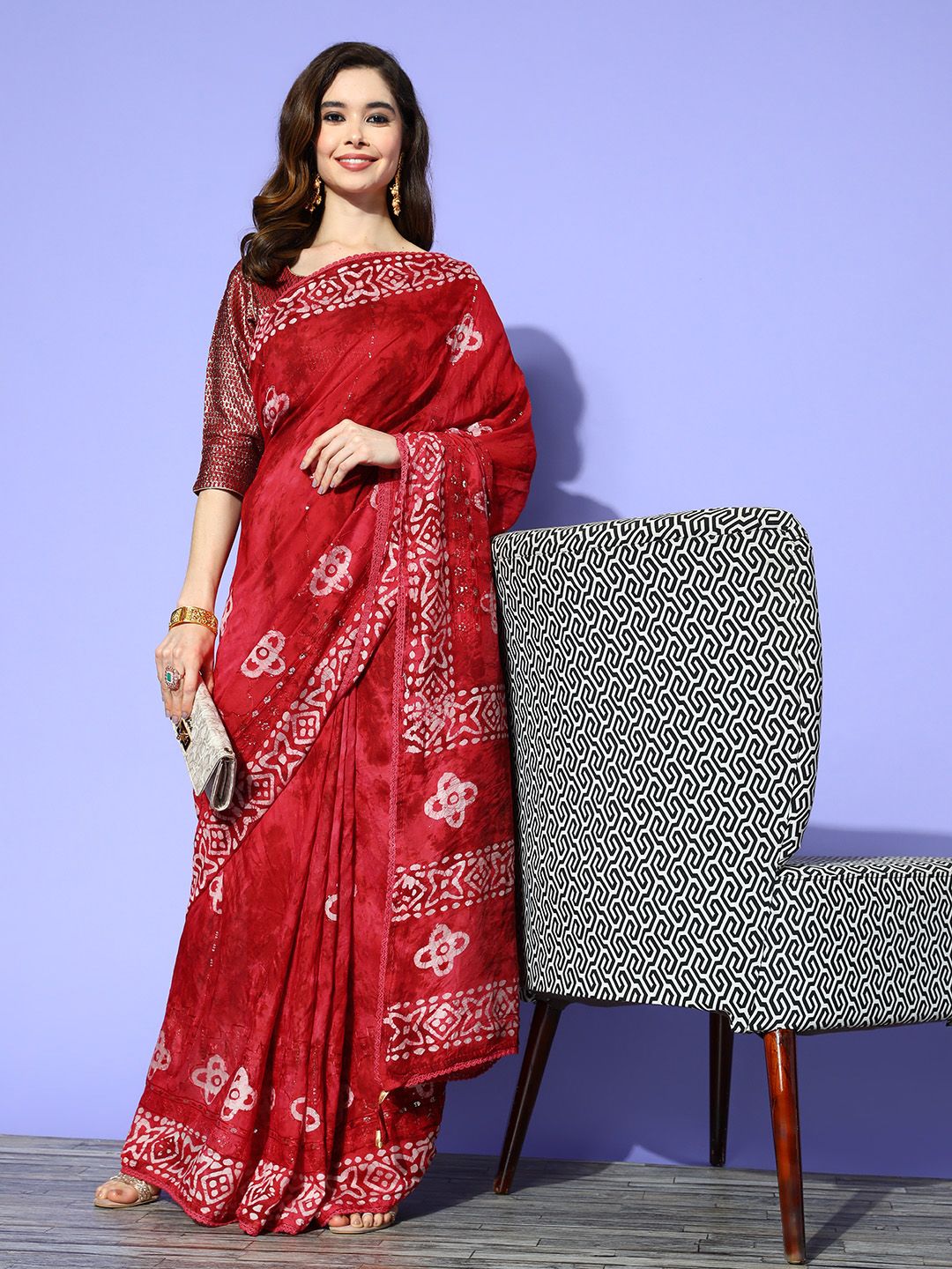 Chhabra 555 Red & Beige Batik Sequinned Block Print Saree Price in India