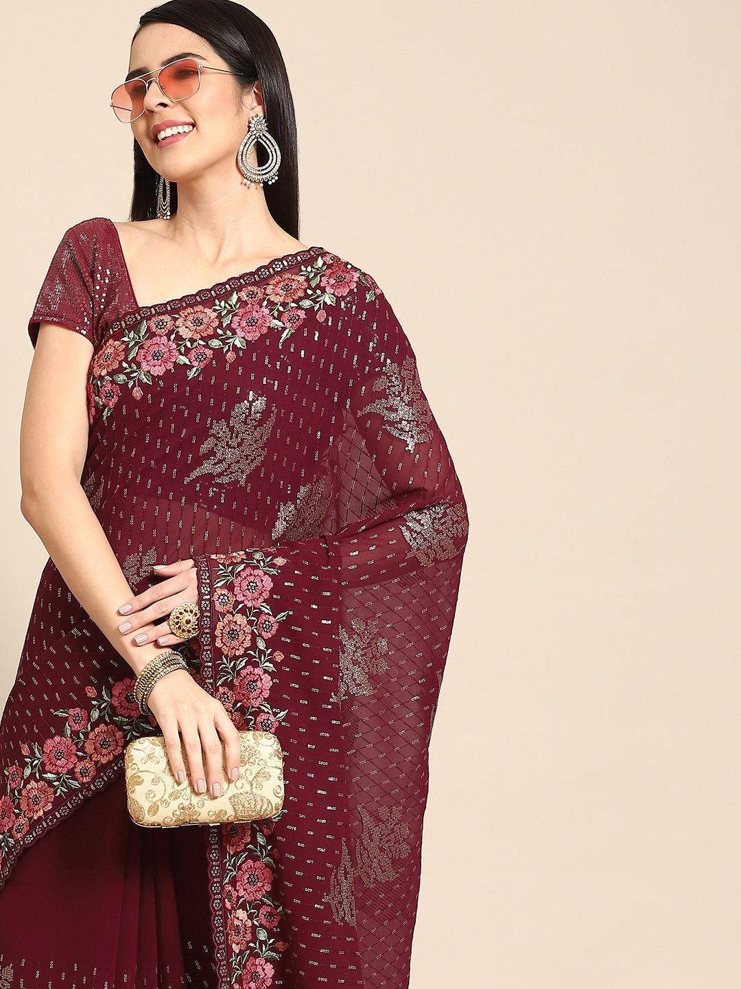 Chhabra 555 Burgundy Floral Sequinned Fusion Saree Price in India