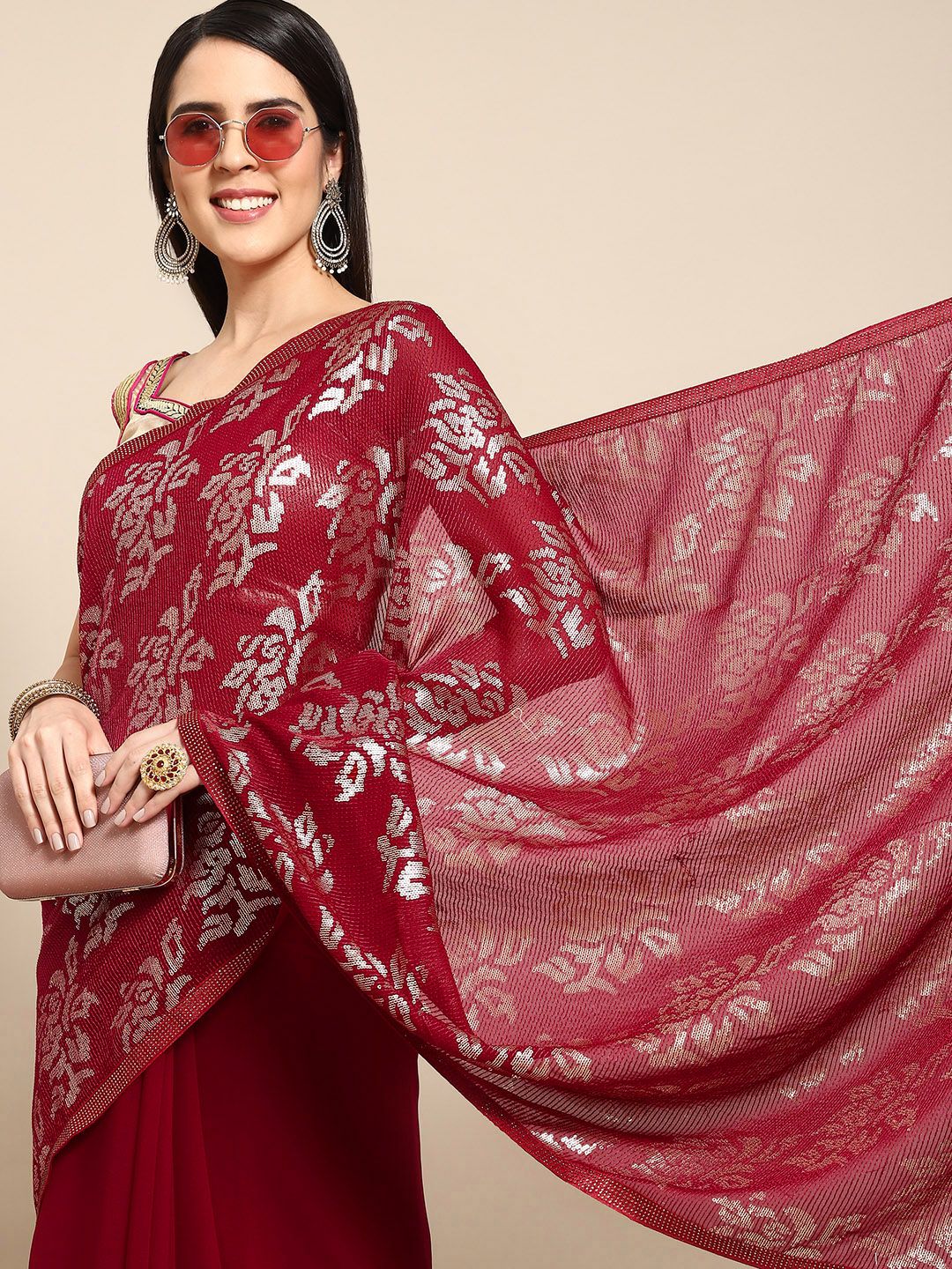 Chhabra 555 Red Ethnic Motifs Sequinned Saree Price in India